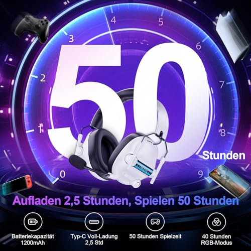 FC400 Wireless Gaming Headset, 2.4GHz Gaming Kopfhörer Kabellos mit Mikrofon für PS5, PS4, PC, Switch, Bluetooth 5.4 Gaming Headset, Geringe Latenz Noise Cancelling, mit LED Licht, 50H Akkulaufzeit Bild 3
