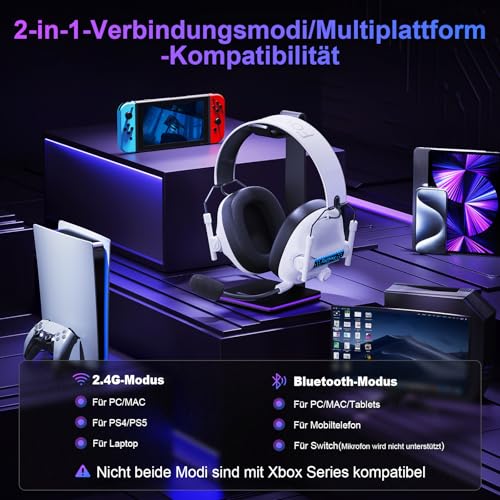 FC400 Wireless Gaming Headset, 2.4GHz Gaming Kopfhörer Kabellos mit Mikrofon für PS5, PS4, PC, Switch, Bluetooth 5.4 Gaming Headset, Geringe Latenz Noise Cancelling, mit LED Licht, 50H Akkulaufzeit Bild 5