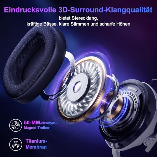 FC400 Wireless Gaming Headset, 2.4GHz Gaming Kopfhörer Kabellos mit Mikrofon für PS5, PS4, PC, Switch, Bluetooth 5.4 Gaming Headset, Geringe Latenz Noise Cancelling, mit LED Licht, 50H Akkulaufzeit Bild 6