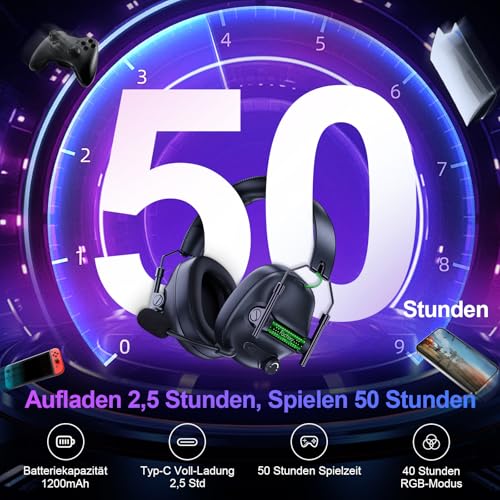 FC400 Wireless Gaming Headset, 2.4GHz Gaming Kopfhörer Kabellos mit Mikrofon für PS5, PS4, PC, Switch, Bluetooth 5.4 Gaming Headset, Geringe Latenz Noise Cancelling, mit LED Licht, 50H Akkulaufzeit Bild 3