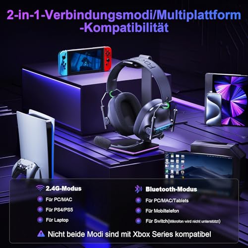 FC400 Wireless Gaming Headset, 2.4GHz Gaming Kopfhörer Kabellos mit Mikrofon für PS5, PS4, PC, Switch, Bluetooth 5.4 Gaming Headset, Geringe Latenz Noise Cancelling, mit LED Licht, 50H Akkulaufzeit Bild 5