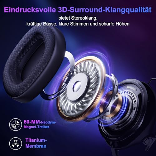 FC400 Wireless Gaming Headset, 2.4GHz Gaming Kopfhörer Kabellos mit Mikrofon für PS5, PS4, PC, Switch, Bluetooth 5.4 Gaming Headset, Geringe Latenz Noise Cancelling, mit LED Licht, 50H Akkulaufzeit Bild 6