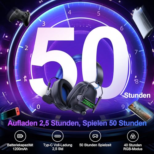 FC400 Wireless Gaming Headset, 2.4GHz Gaming Kopfhörer Kabellos mit Mikrofon für PS5, PS4, PC, Switch, Bluetooth 5.4 Gaming Headset, Geringe Latenz Noise Cancelling, mit LED Licht, 50H Akkulaufzeit Bild 3