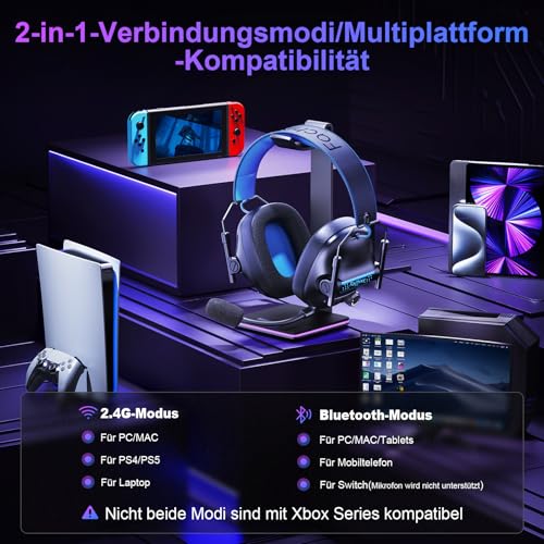 FC400 Wireless Gaming Headset, 2.4GHz Gaming Kopfhörer Kabellos mit Mikrofon für PS5, PS4, PC, Switch, Bluetooth 5.4 Gaming Headset, Geringe Latenz Noise Cancelling, mit LED Licht, 50H Akkulaufzeit Bild 5