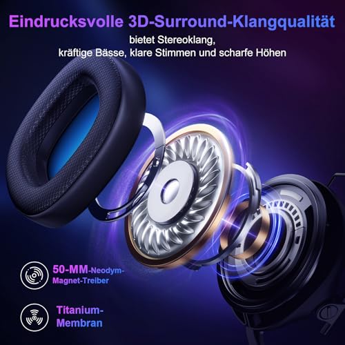 FC400 Wireless Gaming Headset, 2.4GHz Gaming Kopfhörer Kabellos mit Mikrofon für PS5, PS4, PC, Switch, Bluetooth 5.4 Gaming Headset, Geringe Latenz Noise Cancelling, mit LED Licht, 50H Akkulaufzeit Bild 6