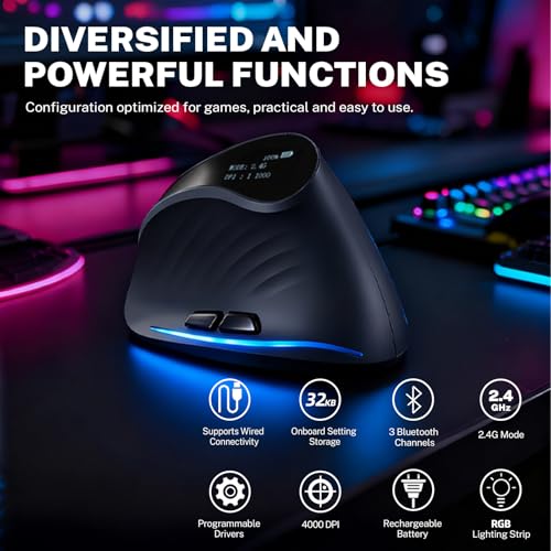 Gaming Maus mit Display, Kabellose Vertikale Ergonomische Maus mit Tri-Mode-Konnektivität, 7 programmierbare RGB-Tasten, 4000 DPI, Wiederaufladbar für PC Laptop Mac Bild 2