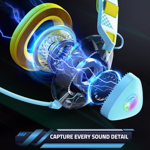 PH3 Kabelloses Gaming Headset für PS5, PS4, PC,Bluetooth-Kopfhörer mit 50 Stunden Akku, Gaming-Headset mit Mikrofon mit Geräuschunterdrückung,RGB Licht,Hellgelb Bild 2