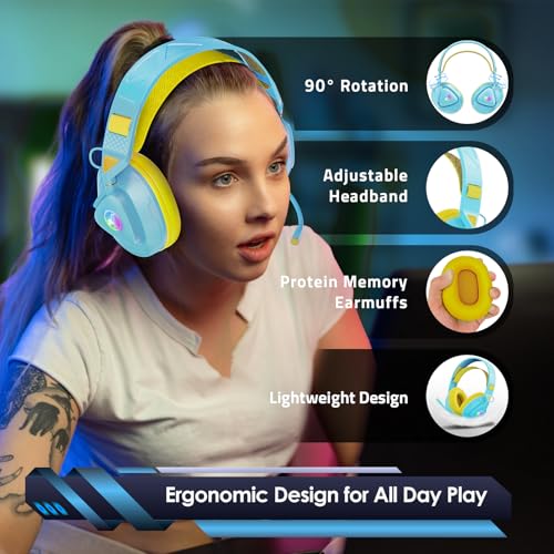 PH3 Kabelloses Gaming Headset für PS5, PS4, PC,Bluetooth-Kopfhörer mit 50 Stunden Akku, Gaming-Headset mit Mikrofon mit Geräuschunterdrückung,RGB Licht,Hellgelb Bild 6