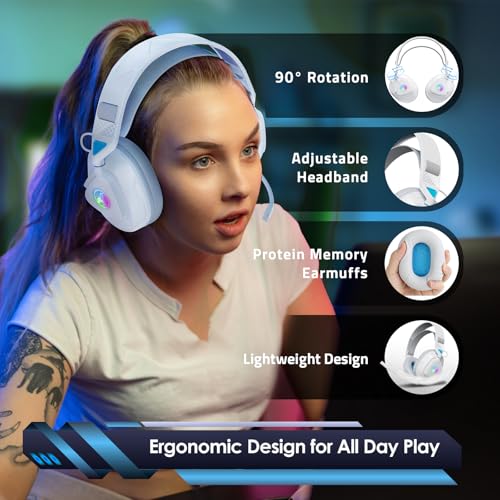 PH3 Kabelloses Gaming Headset für PS5, PS4, PC,Bluetooth-Kopfhörer mit 50 Stunden Akku, Gaming-Headset mit Mikrofon mit Geräuschunterdrückung, RGB Licht, Perlweiß Bild 6