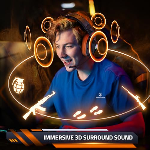 PH3 Kabelloses Gaming Headset für PS5, PS4, PC,Bluetooth-Kopfhörer mit 50 Stunden Akku, Gaming-Headset mit Mikrofon mit Geräuschunterdrückung,RGB Licht, Hellorange Bild 3