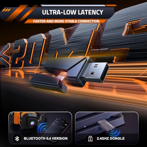 PH3 Kabelloses Gaming Headset für PS5, PS4, PC,Bluetooth-Kopfhörer mit 50 Stunden Akku, Gaming-Headset mit Mikrofon mit Geräuschunterdrückung,RGB Licht, Hellorange Bild 4