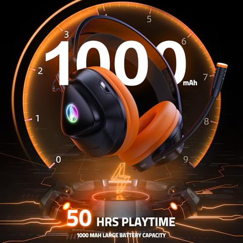 PH3 Kabelloses Gaming Headset für PS5, PS4, PC,Bluetooth-Kopfhörer mit 50 Stunden Akku, Gaming-Headset mit Mikrofon mit Geräuschunterdrückung,RGB Licht, Hellorange Bild 5