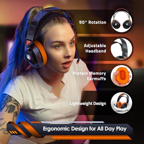 PH3 Kabelloses Gaming Headset für PS5, PS4, PC,Bluetooth-Kopfhörer mit 50 Stunden Akku, Gaming-Headset mit Mikrofon mit Geräuschunterdrückung,RGB Licht, Hellorange Bild 6