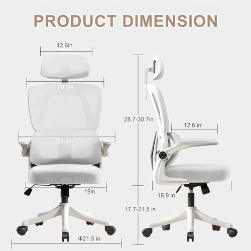 Ergonomischer Bürostuhl - Weiß | Höhenverstellbarer Schreibtischstuhl mit Hochrücken,Mesh und Lendenstütze,Hochklappbaren Armlehnen | Für Homeoffice,Gaming,Studium Bild 2