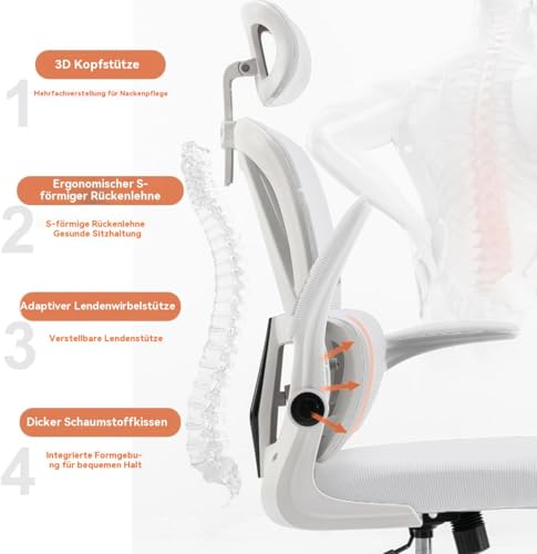 Ergonomischer Bürostuhl - Weiß | Höhenverstellbarer Schreibtischstuhl mit Hochrücken,Mesh und Lendenstütze,Hochklappbaren Armlehnen | Für Homeoffice,Gaming,Studium Bild 3