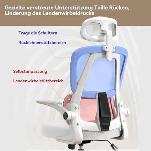 Ergonomischer Bürostuhl - Weiß | Höhenverstellbarer Schreibtischstuhl mit Hochrücken,Mesh und Lendenstütze,Hochklappbaren Armlehnen | Für Homeoffice,Gaming,Studium Bild 5