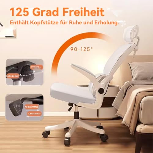 Ergonomischer Bürostuhl - Weiß | Höhenverstellbarer Schreibtischstuhl mit Hochrücken,Mesh und Lendenstütze,Hochklappbaren Armlehnen | Für Homeoffice,Gaming,Studium Bild 6