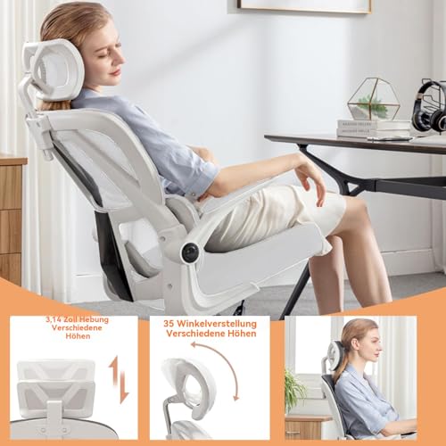 Ergonomischer Bürostuhl - Weiß | Höhenverstellbarer Schreibtischstuhl mit Hochrücken,Mesh und Lendenstütze,Hochklappbaren Armlehnen | Für Homeoffice,Gaming,Studium Bild 7