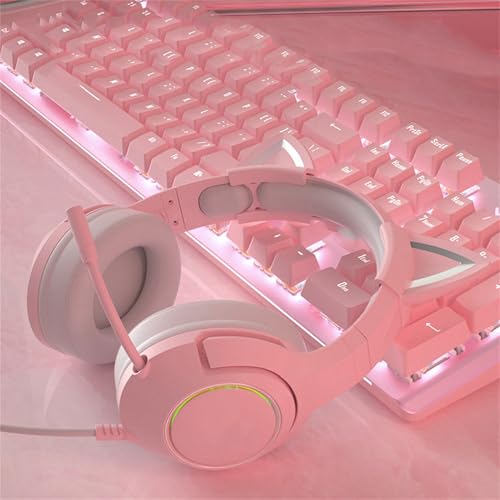 Gaming-Headset mit Mikrofon, abnehmbare Katzenohr-Kopfhörer, Katzenohr-Design mit RGB-Beleuchtung, verstellbarer Kopfbügel-Kopfhörer 7.1 Surround Sound, leichte Over-Ear-Kopfhörer (Rosafarbene Bild 2