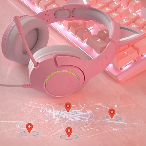 Gaming-Headset mit Mikrofon, abnehmbare Katzenohr-Kopfhörer, Katzenohr-Design mit RGB-Beleuchtung, verstellbarer Kopfbügel-Kopfhörer 7.1 Surround Sound, leichte Over-Ear-Kopfhörer (Rosafarbene Bild 3