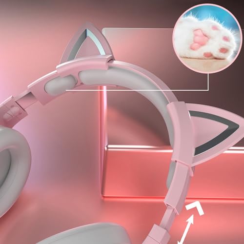 Gaming-Headset mit Mikrofon, abnehmbare Katzenohr-Kopfhörer, Katzenohr-Design mit RGB-Beleuchtung, verstellbarer Kopfbügel-Kopfhörer 7.1 Surround Sound, leichte Over-Ear-Kopfhörer (Rosafarbene Bild 5