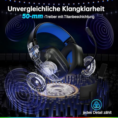 Fachixy FC-300 Gaming Headset mit Mikrofon, 2,4G Wireless Headset für PS5, PS4, PC, Switch, Mac, Surround Sound Faltbarer Bluetooth Gaming Kopfhörer kabellos mit LED Licht, Über 50H+ Akkulaufzeit Bild 2