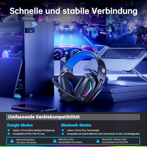 Fachixy FC-300 Gaming Headset mit Mikrofon, 2,4G Wireless Headset für PS5, PS4, PC, Switch, Mac, Surround Sound Faltbarer Bluetooth Gaming Kopfhörer kabellos mit LED Licht, Über 50H+ Akkulaufzeit Bild 4