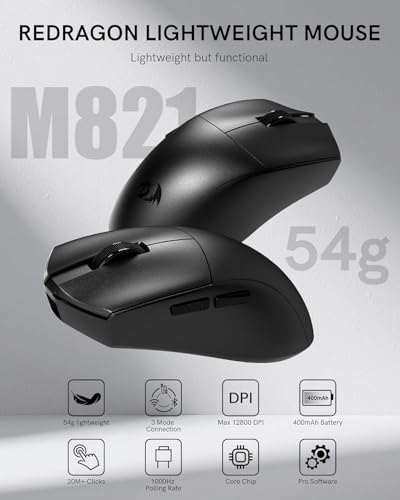 Redragon M821 Ergonomische Maus, Kabellose Gaming Maus,54 g Ultraleicht Wireless Mouse, Tri-Mode 2.4G/Bluetooth/USB-C, 1000Hz Abfragerate, Bis zu 12800 DPI, 70h Akku, für PC/Laptop, Schwarz Bild 2