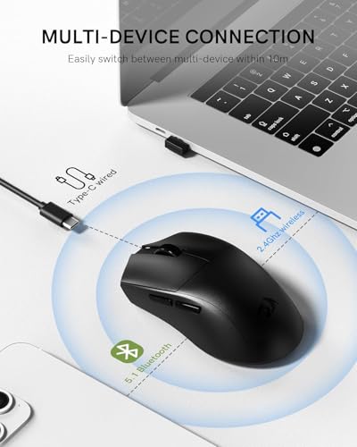 Redragon M821 Ergonomische Maus, Kabellose Gaming Maus,54 g Ultraleicht Wireless Mouse, Tri-Mode 2.4G/Bluetooth/USB-C, 1000Hz Abfragerate, Bis zu 12800 DPI, 70h Akku, für PC/Laptop, Schwarz Bild 4