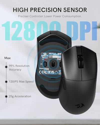 Redragon M821 Ergonomische Maus, Kabellose Gaming Maus,54 g Ultraleicht Wireless Mouse, Tri-Mode 2.4G/Bluetooth/USB-C, 1000Hz Abfragerate, Bis zu 12800 DPI, 70h Akku, für PC/Laptop, Schwarz Bild 5