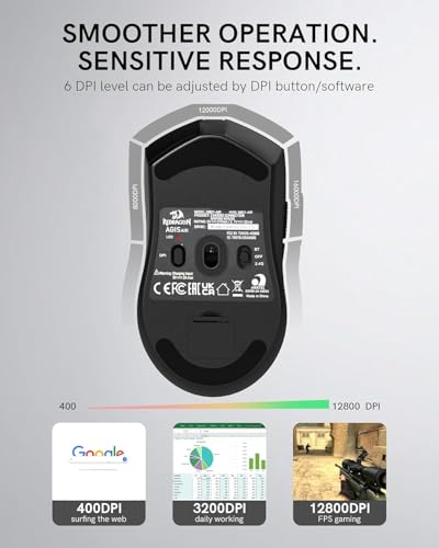 Redragon M821 Ergonomische Maus, Kabellose Gaming Maus,54 g Ultraleicht Wireless Mouse, Tri-Mode 2.4G/Bluetooth/USB-C, 1000Hz Abfragerate, Bis zu 12800 DPI, 70h Akku, für PC/Laptop, Schwarz Bild 7