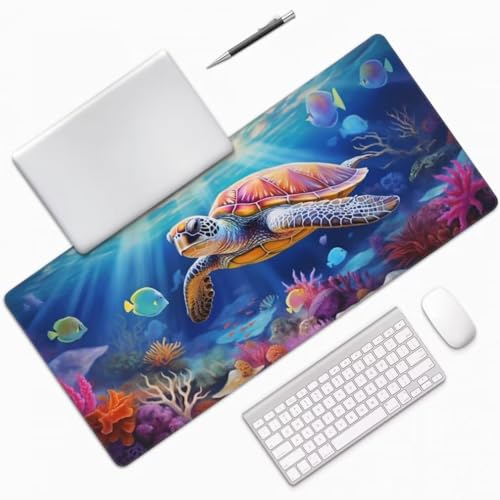 Mauspad XXL 1000x500mm, Meeresschildkröte Mousepad XXL Mauspad Gaming Tiefseefisch Mouse Pad mit Genähten Kanten, Rutschfest Schreibtisch Unterlage Groß Desk Mat für Tastatur und Maus -MP754 Bild 3