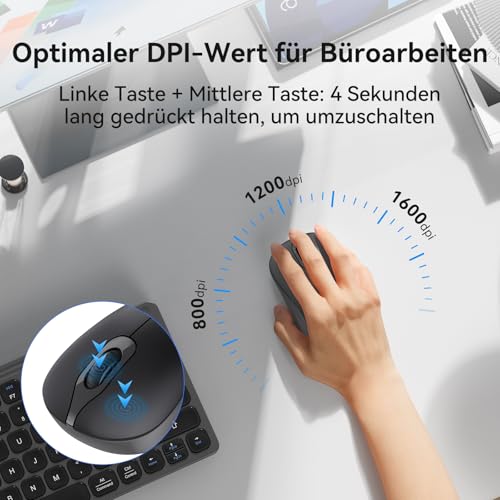 TECKNET Kabellose Maus, 2,4 GHz 1600 DPI Leise Funkmaus mit 3 Einstellbare DPI, 24 Monate Akkulaufzei, Für Links- und Rechtshänder, Maus Kabellos für Laptops, PC, Mac, Grau Bild 4