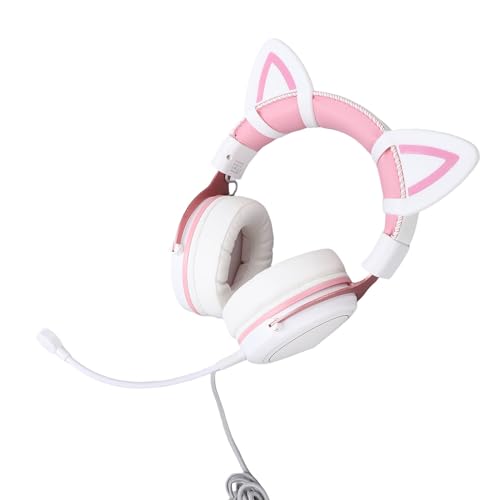 GOWENIC Gaming-Headset, Kabelgebunden, RGB-Leucht-Over-Ear-Kopfhörer mit Mikrofon für PC-Gaming, Geräuschreduzierung, Geeignet für Gamer, Aluminium, Schwarz, 1 Set (Weiß-Rosa mit Katzenohren-Dekor) Bild 3