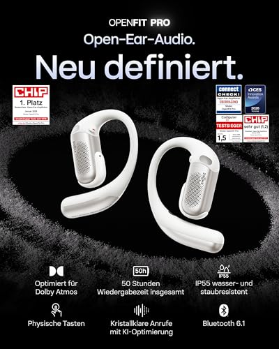 SHOKZ OpenFit Pro Open-Ear-Kopfhörer mit Open-Ear Geräuschreduzierung, Optimised for Dolby Atmos, Tiefe Bässe, 50H Akku, klare Anrufe für Arbeit, Sport, Outdoor Bluetooth 6.1, IP55, Weiß Bild 2