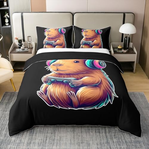 Homewish Gaming Capybara Sachen Baumwolle Bettwäscheset 155x220cm Nette Capybara Lustige Videospiele Gamer Bettbezug für Kinder Farbverlauf Headset Trendkunst Teenager Bettwäsche Tierliebhaber Bettset Bild 1