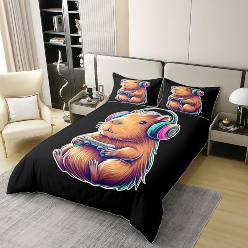 Homewish Gaming Capybara Sachen Baumwolle Bettwäscheset 155x220cm Nette Capybara Lustige Videospiele Gamer Bettbezug für Kinder Farbverlauf Headset Trendkunst Teenager Bettwäsche Tierliebhaber Bettset Bild 2