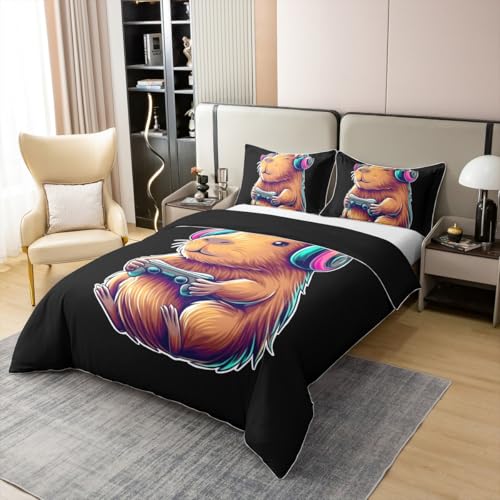 Homewish Gaming Capybara Sachen Baumwolle Bettwäscheset 155x220cm Nette Capybara Lustige Videospiele Gamer Bettbezug für Kinder Farbverlauf Headset Trendkunst Teenager Bettwäsche Tierliebhaber Bettset Bild 3