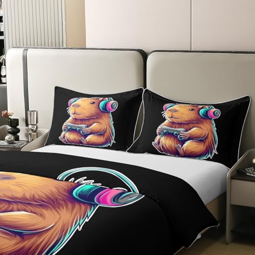 Homewish Gaming Capybara Sachen Baumwolle Bettwäscheset 155x220cm Nette Capybara Lustige Videospiele Gamer Bettbezug für Kinder Farbverlauf Headset Trendkunst Teenager Bettwäsche Tierliebhaber Bettset Bild 4
