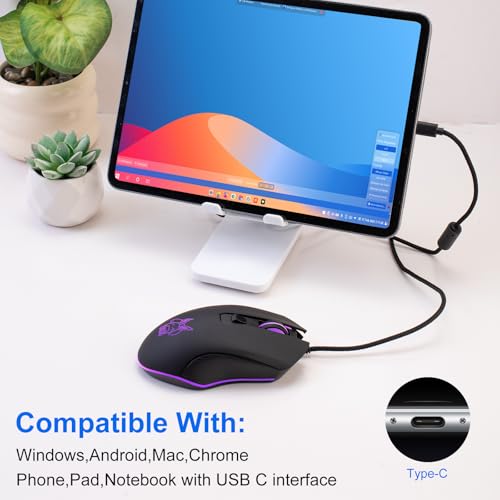 Kabelgebundene Gaming-Maus USB C Leise Klicken 7 Farben RGB Hintergrundbeleuchtung Optische Typ-C Mäuse mit 1.5m kabel 3600D-PI 6 Tasten Ergonomische Mouse für Telefon Tablets Laptops Mac Surface Bild 5