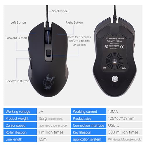 Kabelgebundene Gaming-Maus USB C Leise Klicken 7 Farben RGB Hintergrundbeleuchtung Optische Typ-C Mäuse mit 1.5m kabel 3600D-PI 6 Tasten Ergonomische Mouse für Telefon Tablets Laptops Mac Surface Bild 7