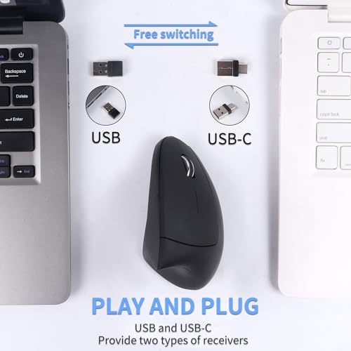Ergonomische Maus Kabellose Vertikales 2.4GHz (USB-A+ USB-C Adapter) 2 Modi Wiederaufladbare Wireless Mice 1600d-pi 6 Tasten, Leise Mouse für Laptop/Computer/Mac/Windows/PC/Tablet/iPad, Rechtshänder Bild 2