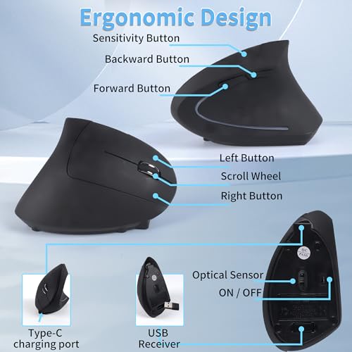 Ergonomische Maus Kabellose Vertikales 2.4GHz (USB-A+ USB-C Adapter) 2 Modi Wiederaufladbare Wireless Mice 1600d-pi 6 Tasten, Leise Mouse für Laptop/Computer/Mac/Windows/PC/Tablet/iPad, Rechtshänder Bild 4