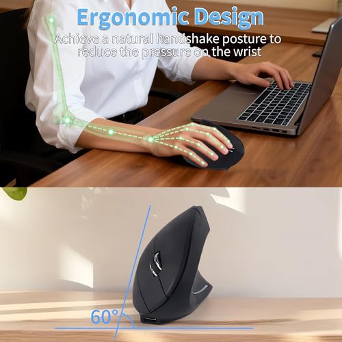 Ergonomische Maus Kabellose Vertikales 2.4GHz (USB-A+ USB-C Adapter) 2 Modi Wiederaufladbare Wireless Mice 1600d-pi 6 Tasten, Leise Mouse für Laptop/Computer/Mac/Windows/PC/Tablet/iPad, Rechtshänder Bild 6
