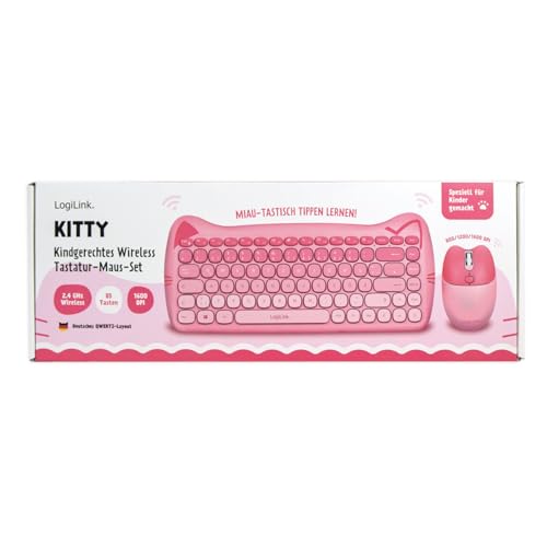LogiLink kabellose 2,4 GHz kindgerechte Tastatur-Maus-Kombi 1600 DPI QWERTZ-Layout Windows MAC 85 Tasten 12 Multimediatasten Katzen-Design Energiesparmodus Pink Bild 7