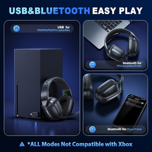 VK80 2,4-GHz-Funk-Gaming-Headset für PC, geringe Latenz, über 50 Stunden Akkulaufzeit, Bluetooth-Kopfhörer, Stereo-Sound-Headset für Switch, matt-hellschwarz Bild 6