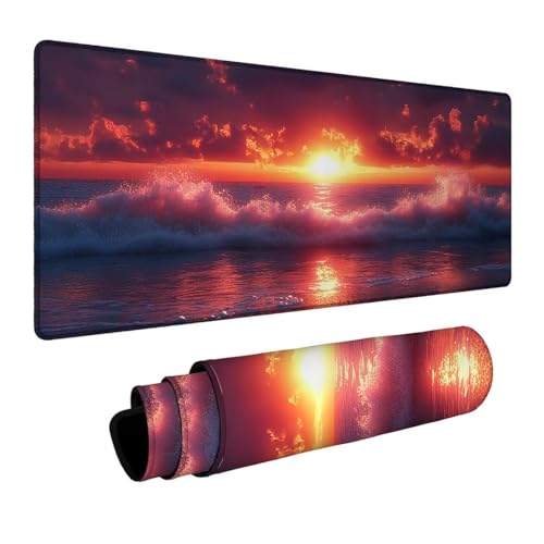 Mauspad Meereswellen Mousepad Sonnenuntergang, Mousepad XXL 60x140x0.3 cm Genähte Kanten Genauigkeit Geschwindigkeit Verbessern, Maus Schreibtischunterlage für Gaming Zubehör Geschenke DBYH-3387 Bild 1