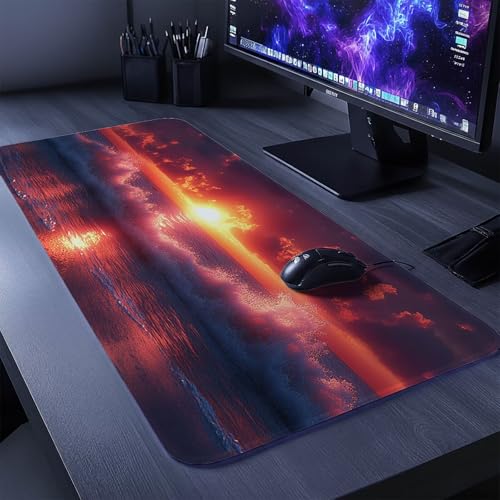 Mauspad Meereswellen Mousepad Sonnenuntergang, Mousepad XXL 60x140x0.3 cm Genähte Kanten Genauigkeit Geschwindigkeit Verbessern, Maus Schreibtischunterlage für Gaming Zubehör Geschenke DBYH-3387 Bild 2