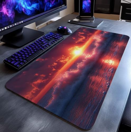 Mauspad Meereswellen Mousepad Sonnenuntergang, Mousepad XXL 60x140x0.3 cm Genähte Kanten Genauigkeit Geschwindigkeit Verbessern, Maus Schreibtischunterlage für Gaming Zubehör Geschenke DBYH-3387 Bild 3