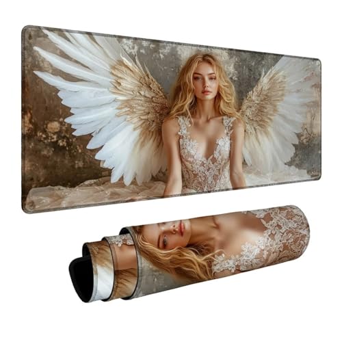 Mauspad Frau Mauspad xxl 140x60x0.3cm Wasserdicht Mousepad Antirutsch Gummibasis Schreibtischunterlage für Büro Gaming, Mouse Pad Engel für Pc Gaming Maus Tastatur Kabellos Laptop Herbstdeko DBYH-0157 Bild 1